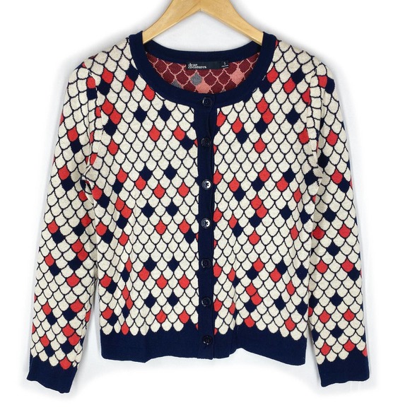 Dear Creatures Scale Cardigan Sweater White Cream Red Knit Fish Mermaid Dragon S - Picture 1 of 7